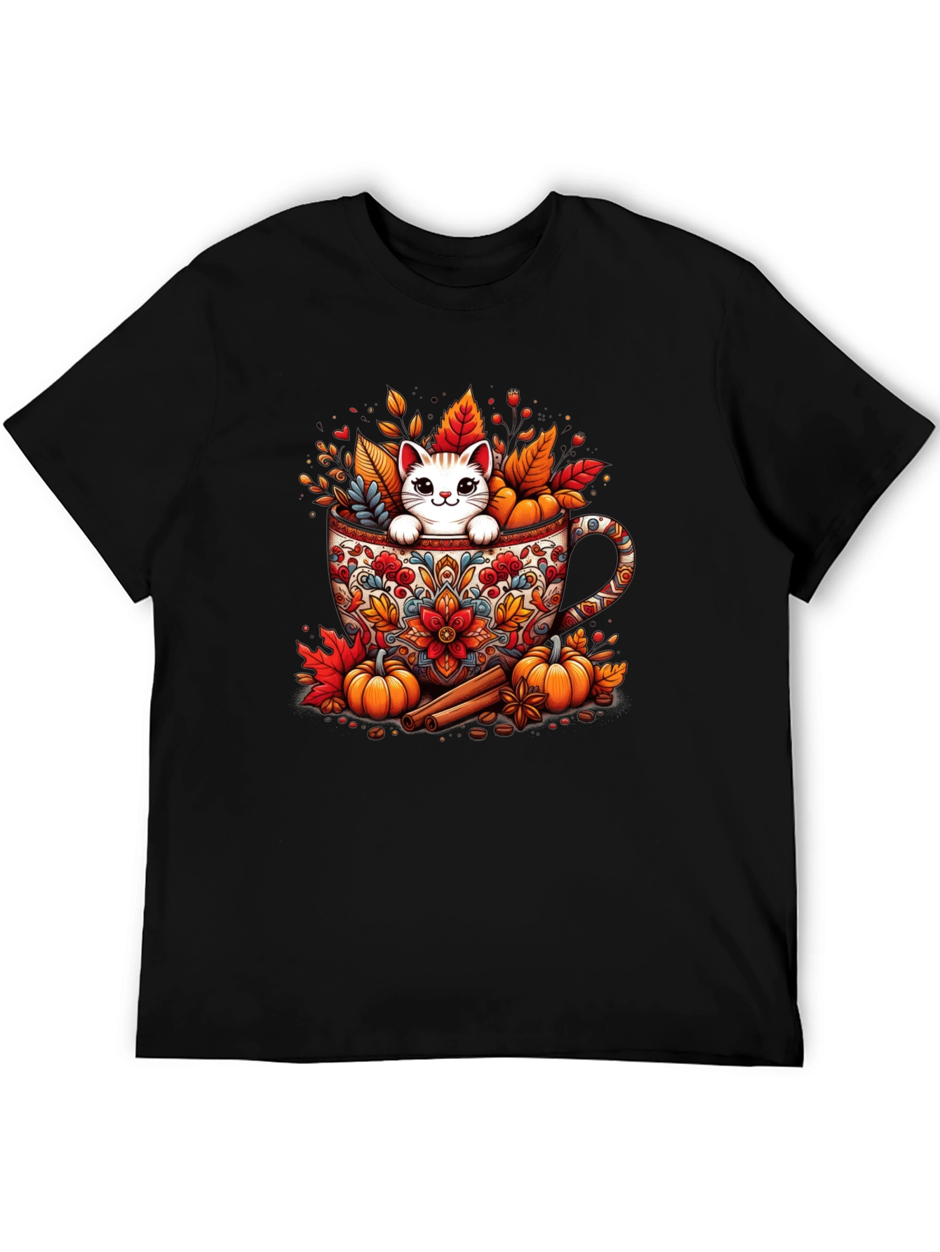Fall Cat in Mug T-Shirt - Cozy Autumn Style