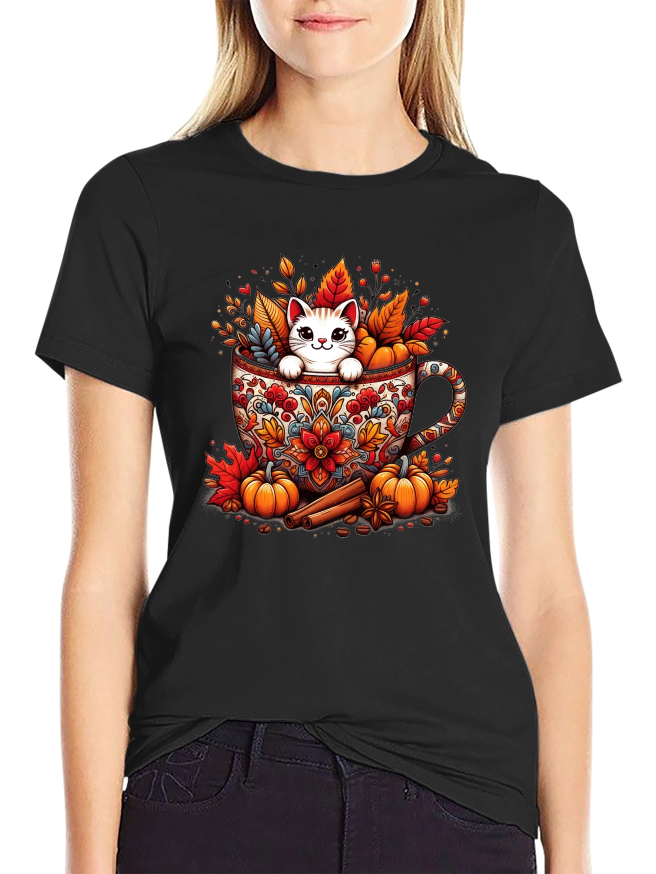 Fall Cat in Mug T-Shirt - Cozy Autumn Style