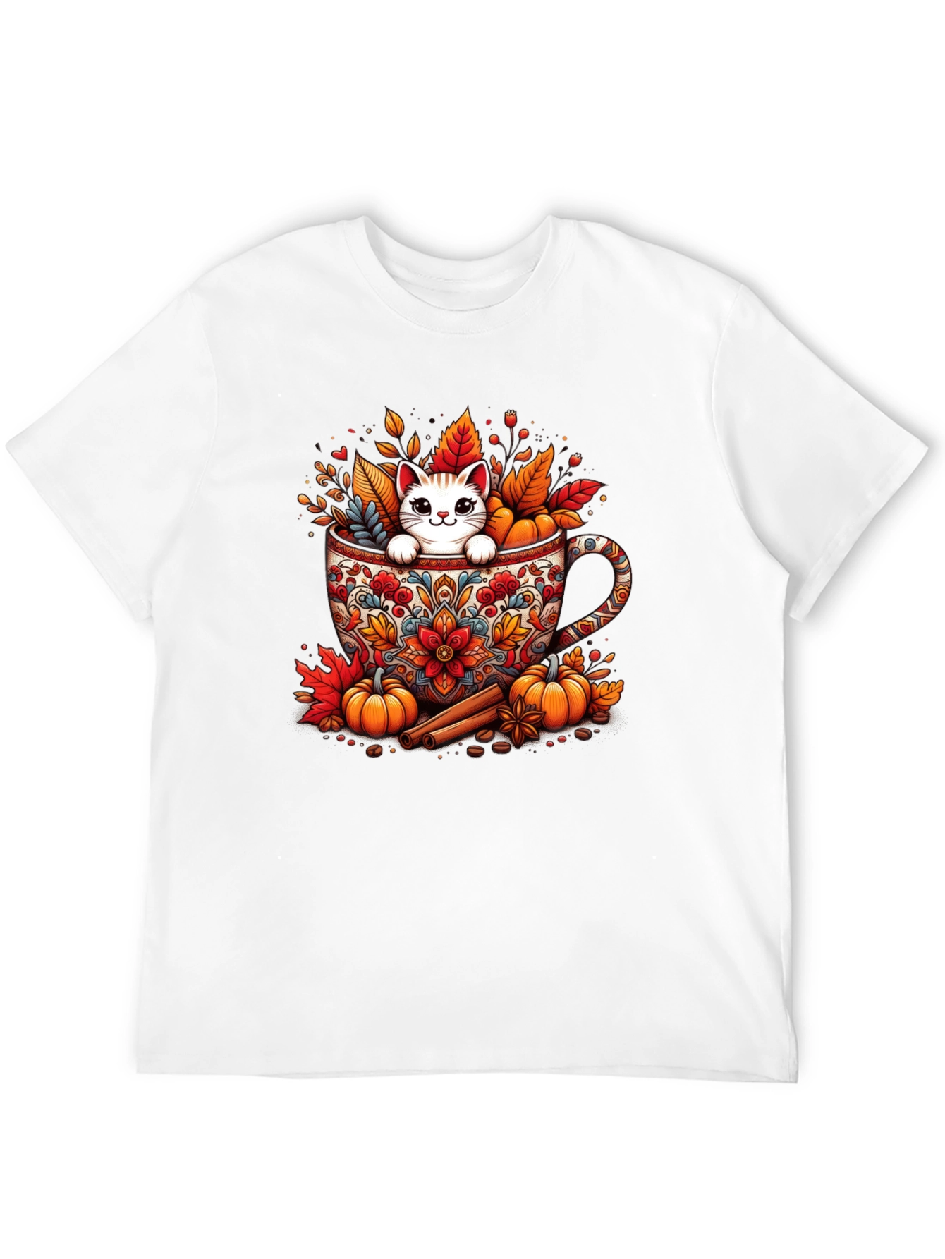 Fall Cat in Mug T-Shirt - Cozy Autumn Style
