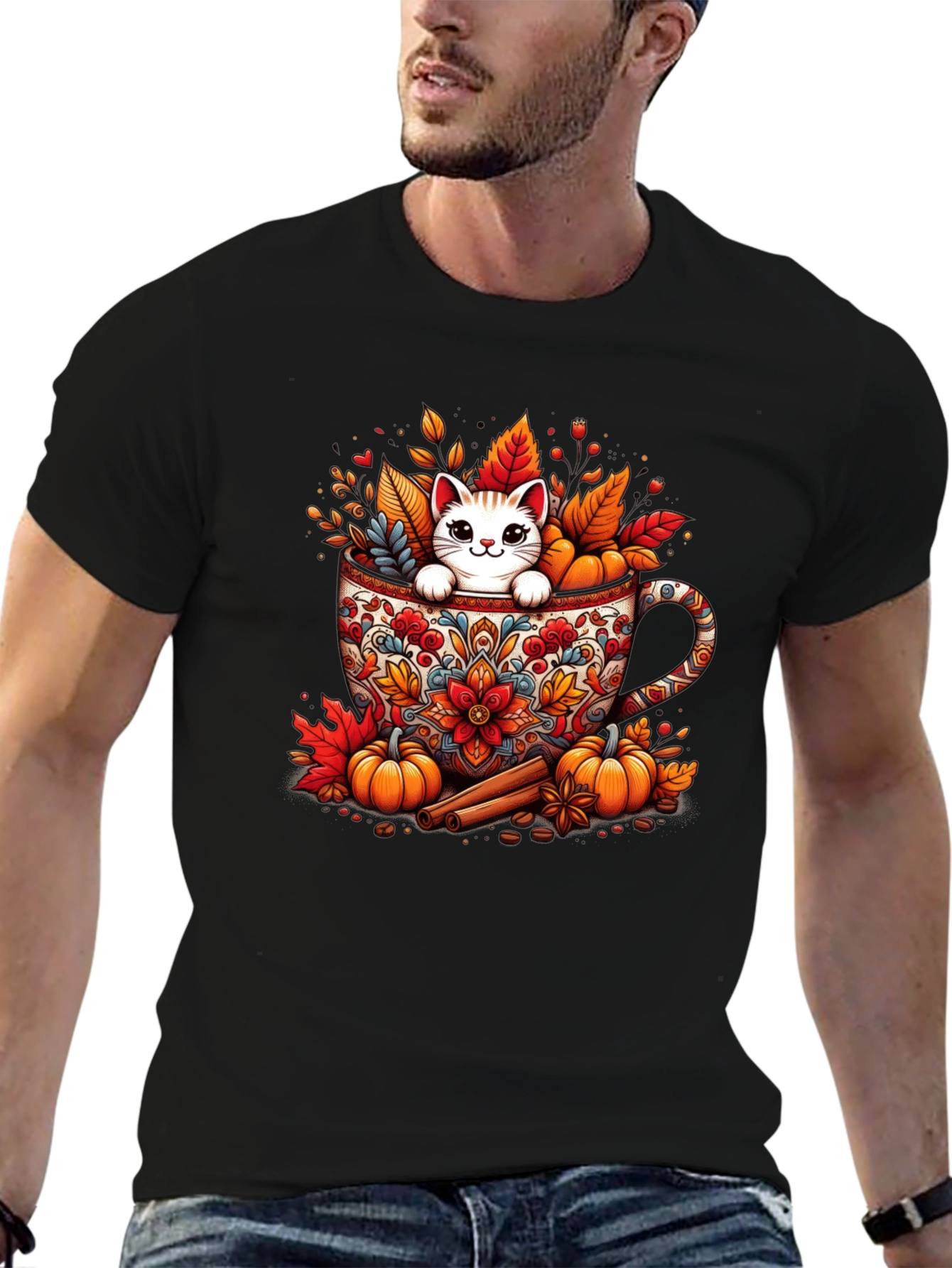 Fall Cat in Mug T-Shirt - Cozy Autumn Style