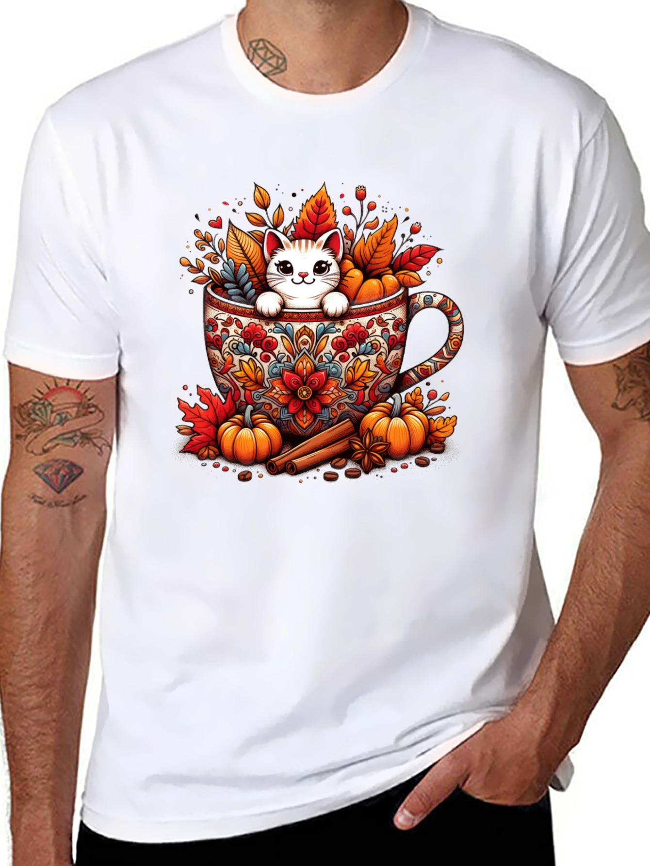 Fall Cat in Mug T-Shirt - Cozy Autumn Style