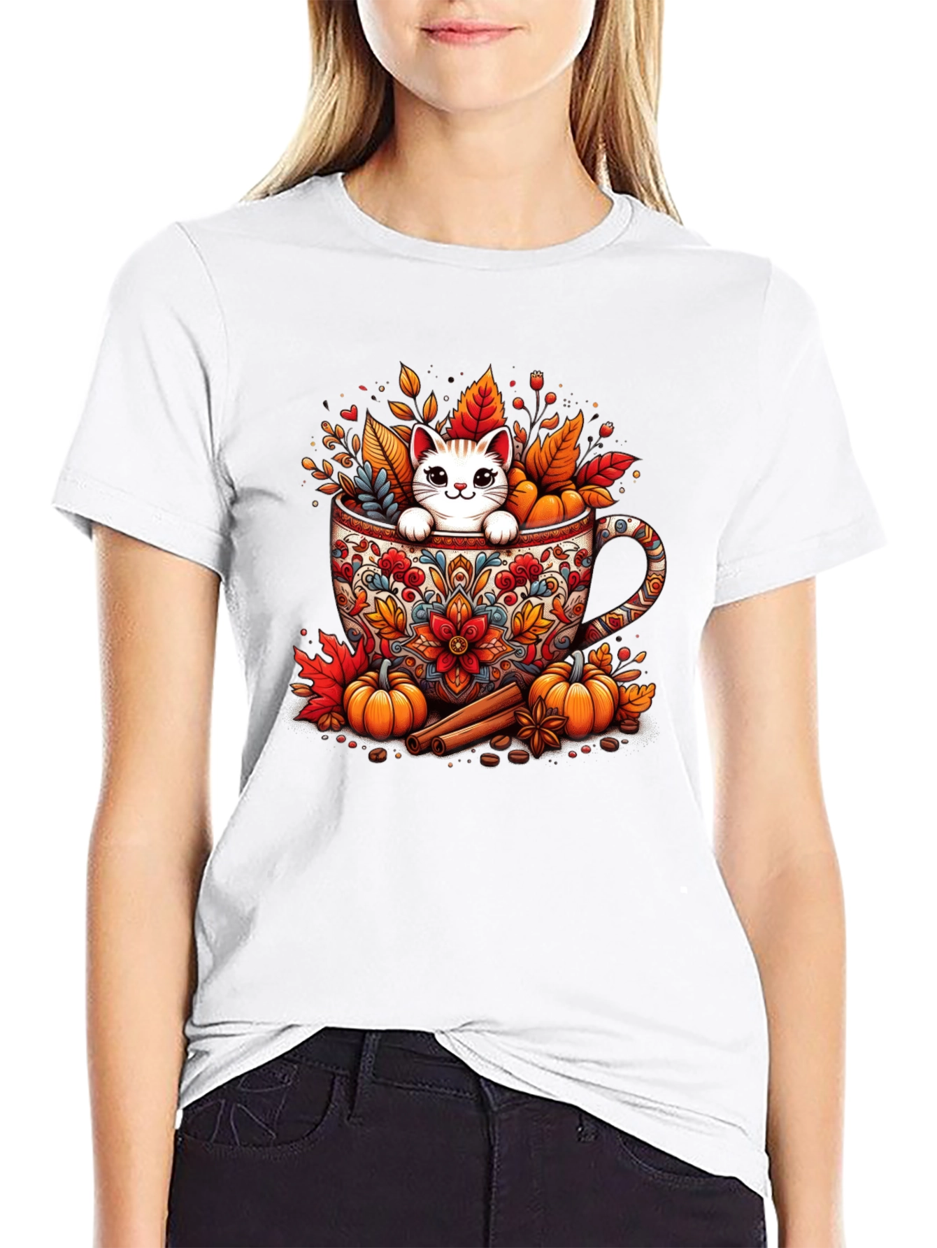 Fall Cat in Mug T-Shirt - Cozy Autumn Style