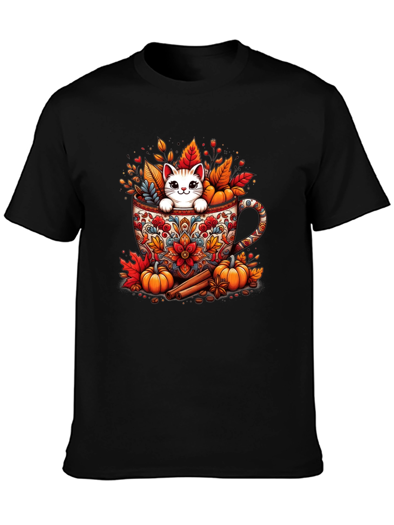 Fall Cat in Mug T-Shirt - Cozy Autumn Style