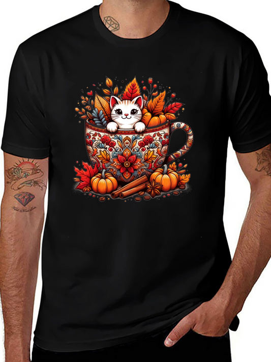 Fall Cat in Mug T-Shirt - Cozy Autumn Style