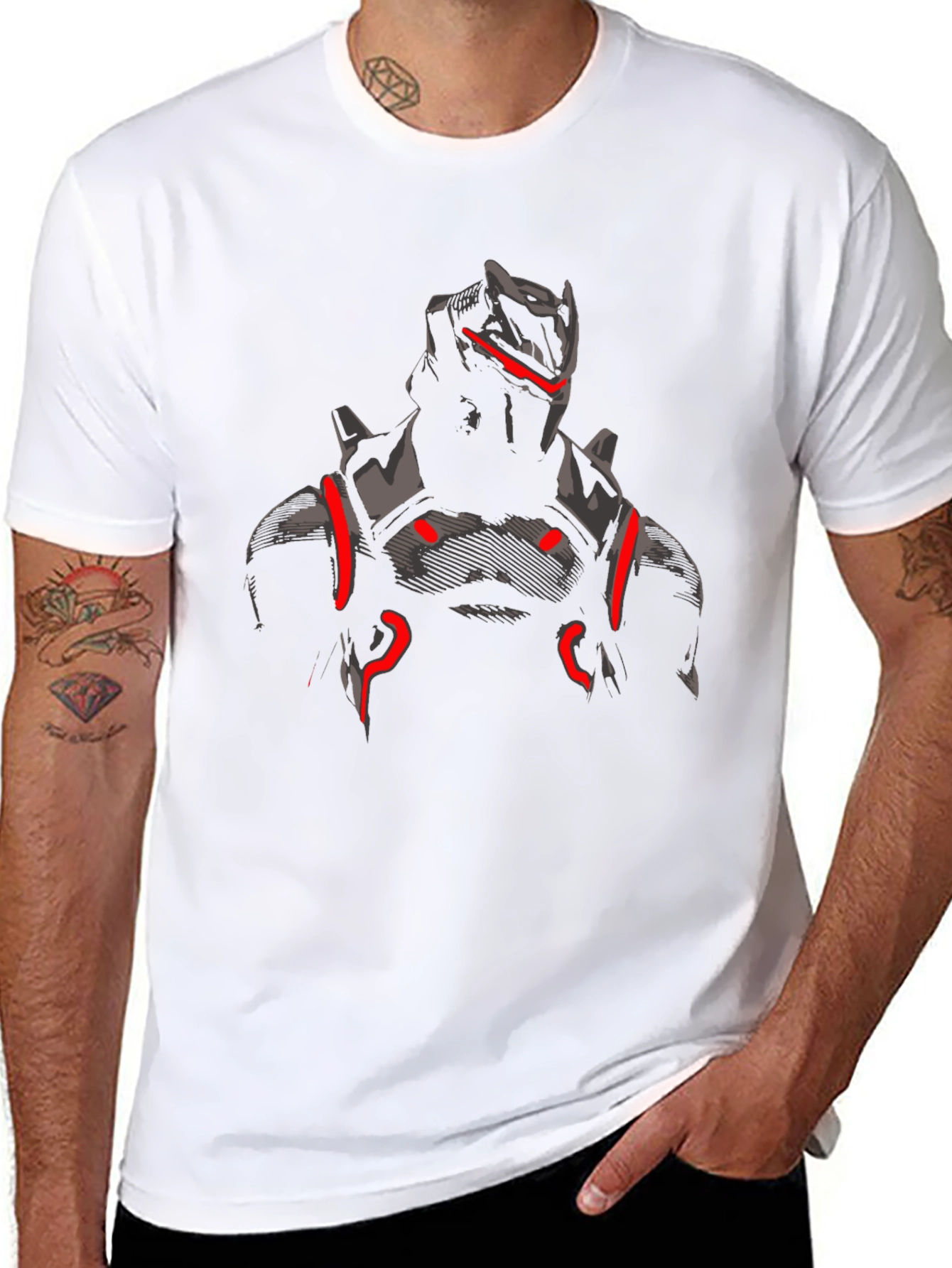 Mens Black Graphic Tee - Futuristic Armor Design
