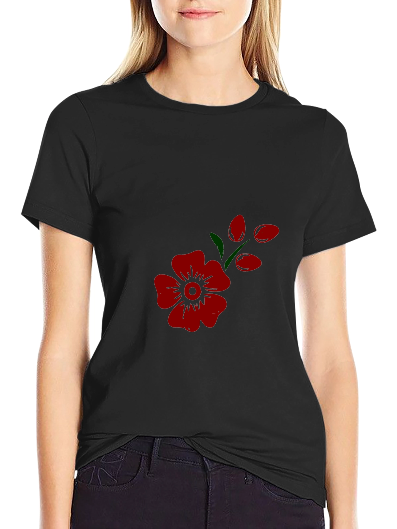 Mens Black Tee with Red Flower Print