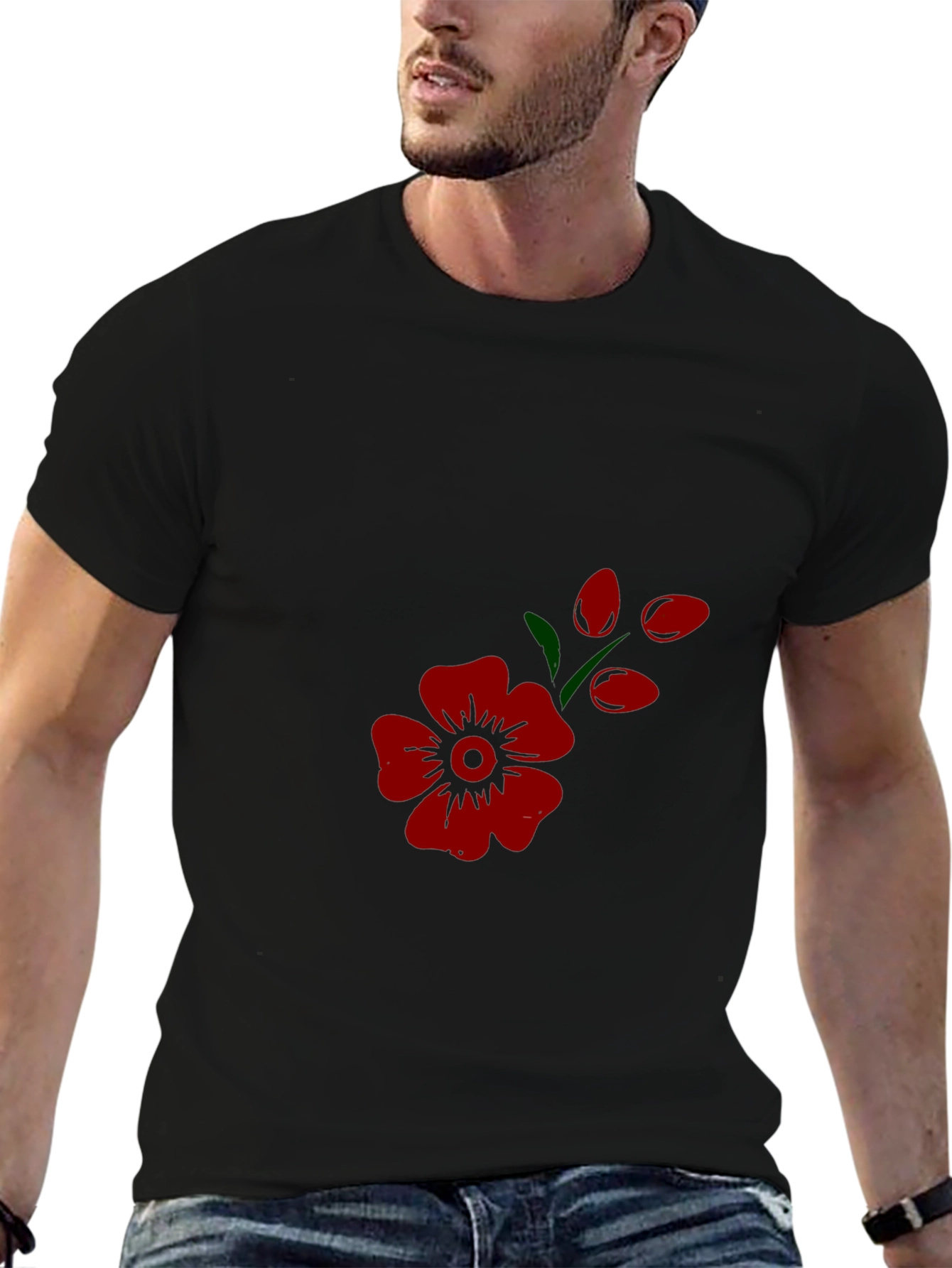 Mens Black Tee with Red Flower Print