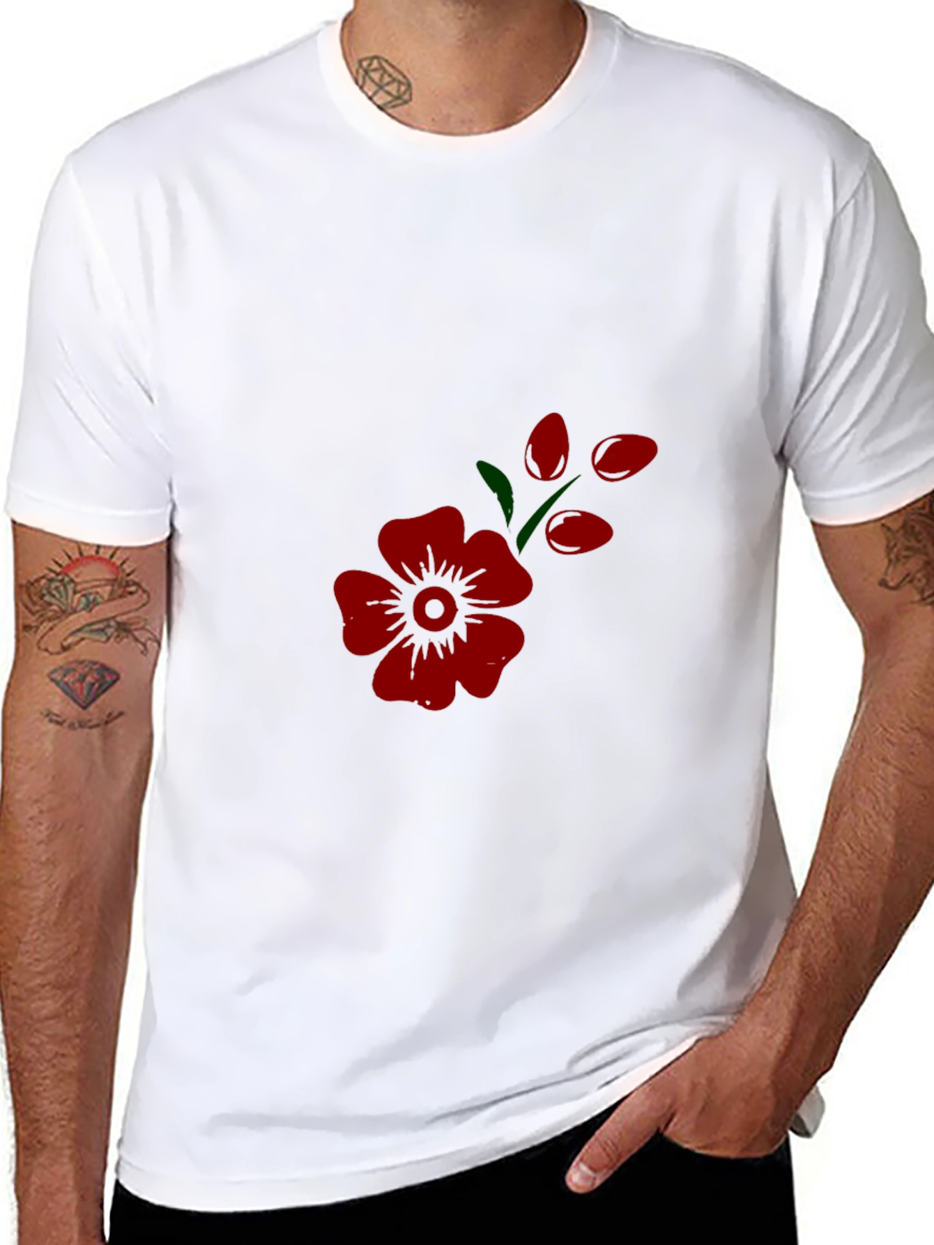 Mens Black Tee with Red Flower Print