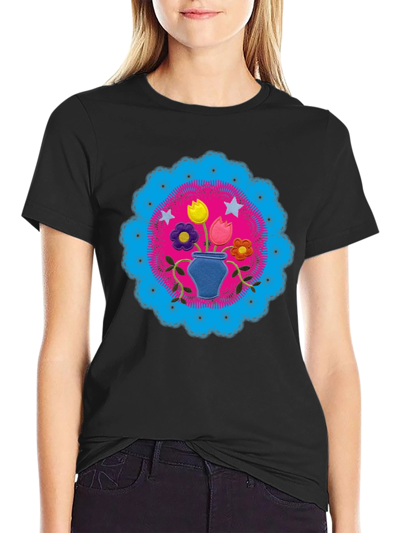 Floral Mandala Graphic Tee - Black Cotton Shirt