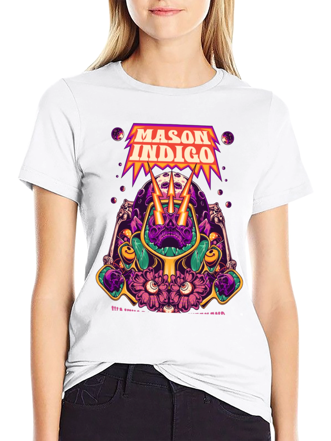 Mason Indigo Graphic Tee - Skull and Flowers Art