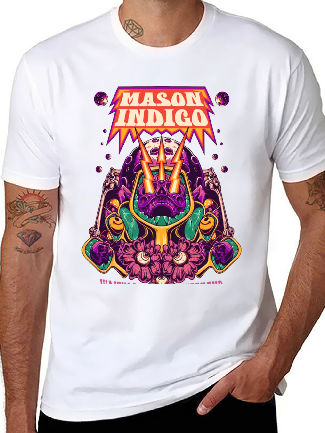 Mason Indigo Graphic Tee - Skull and Flowers Art