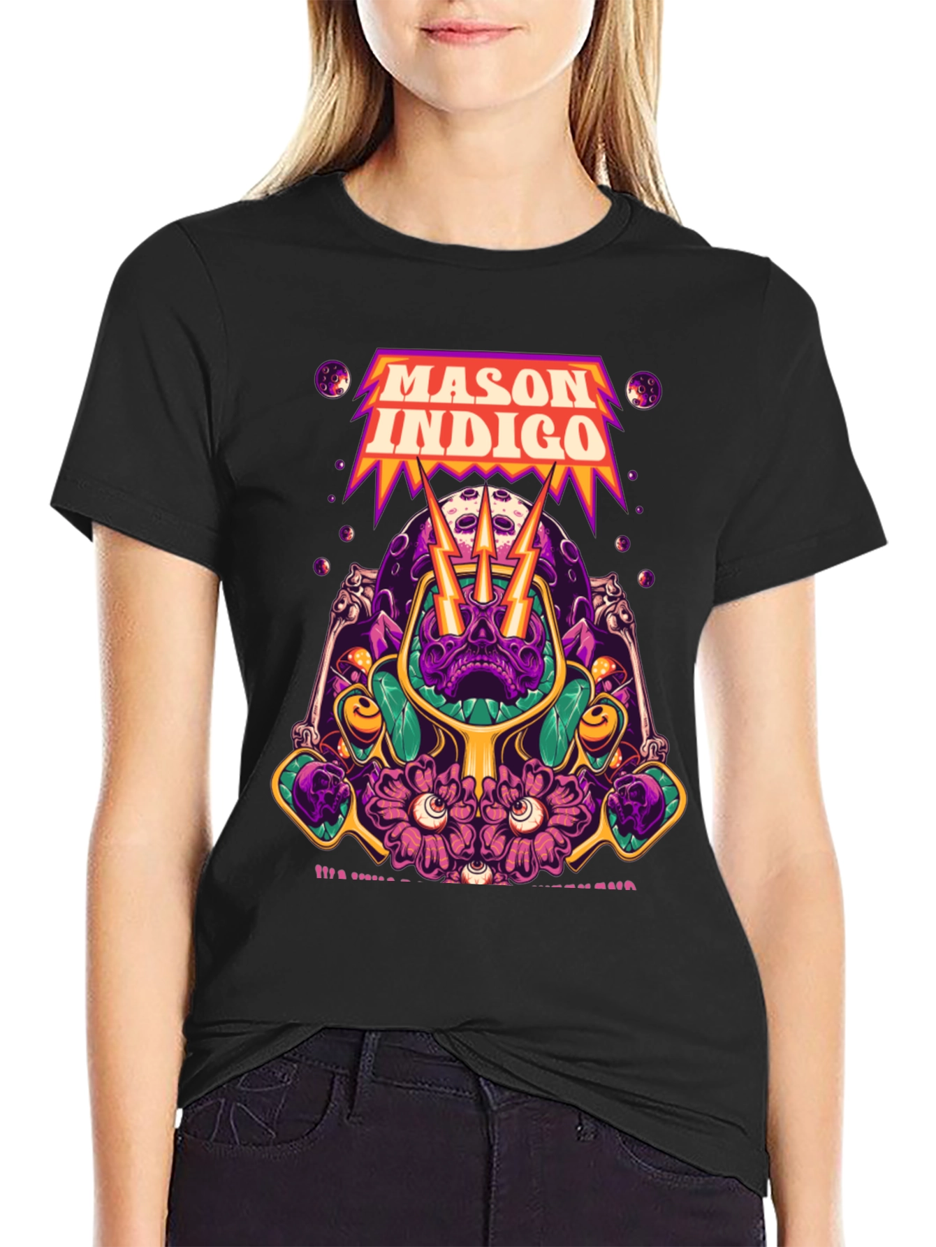 Mason Indigo Graphic Tee - Skull and Flowers Art