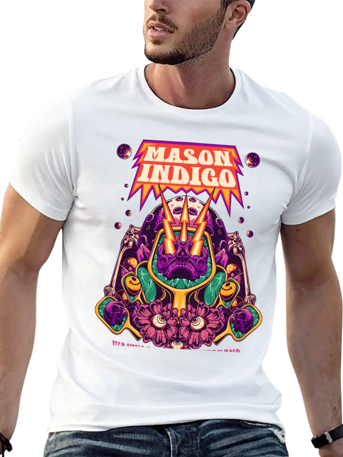 Mason Indigo Graphic Tee - Skull and Flowers Art
