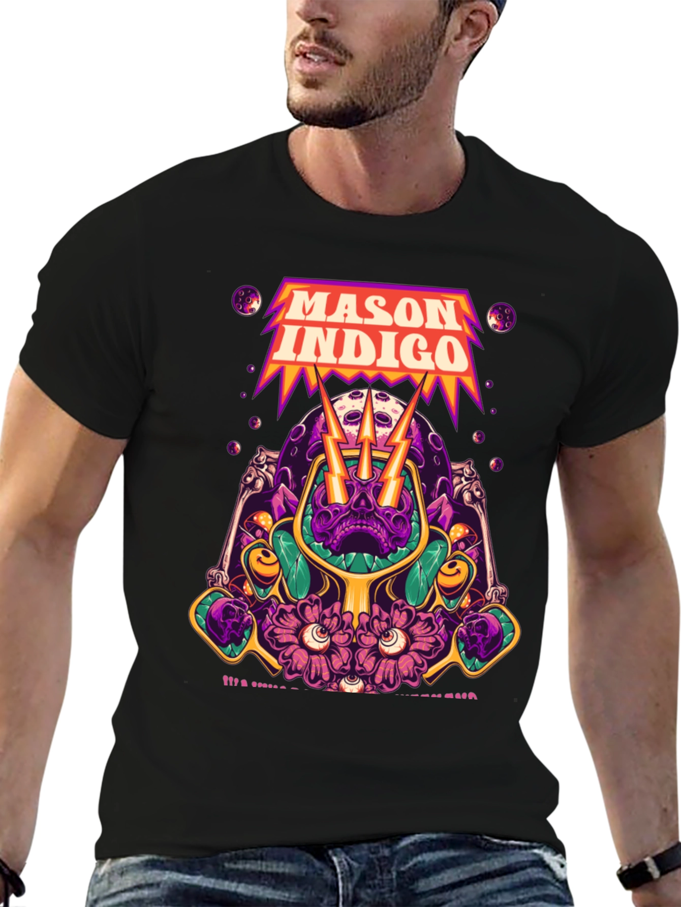 Mason Indigo Graphic Tee - Skull and Flowers Art