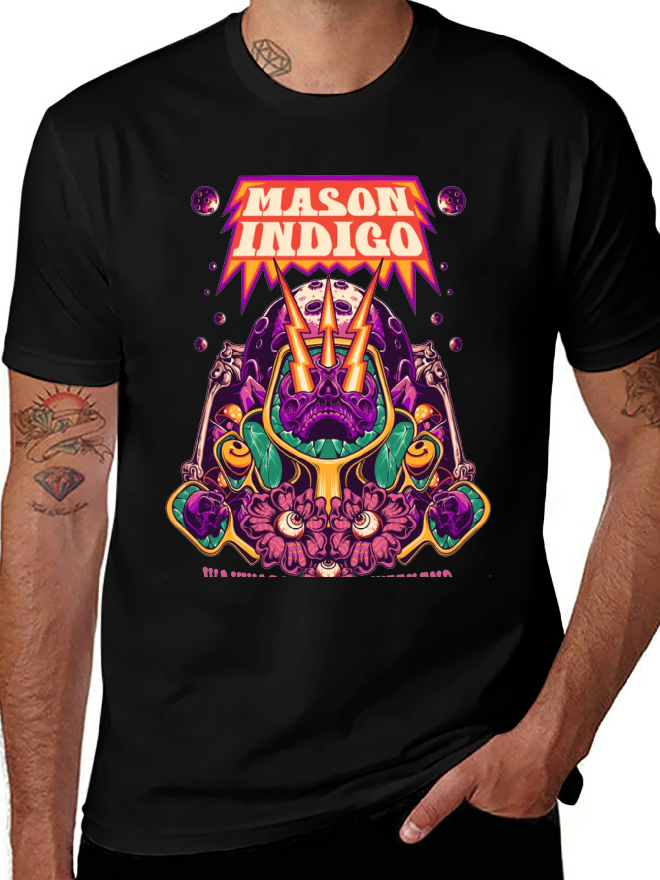 Mason Indigo Graphic Tee - Skull and Flowers Art