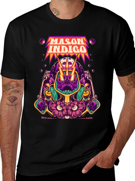 Mason Indigo Graphic Tee - Skull and Flowers Art
