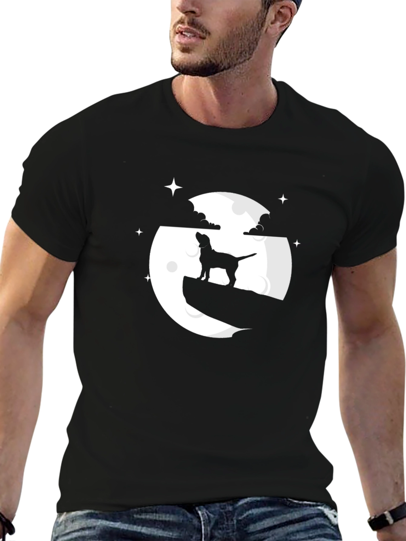 Dog on Moon Graphic Tee - Black Cotton Blend