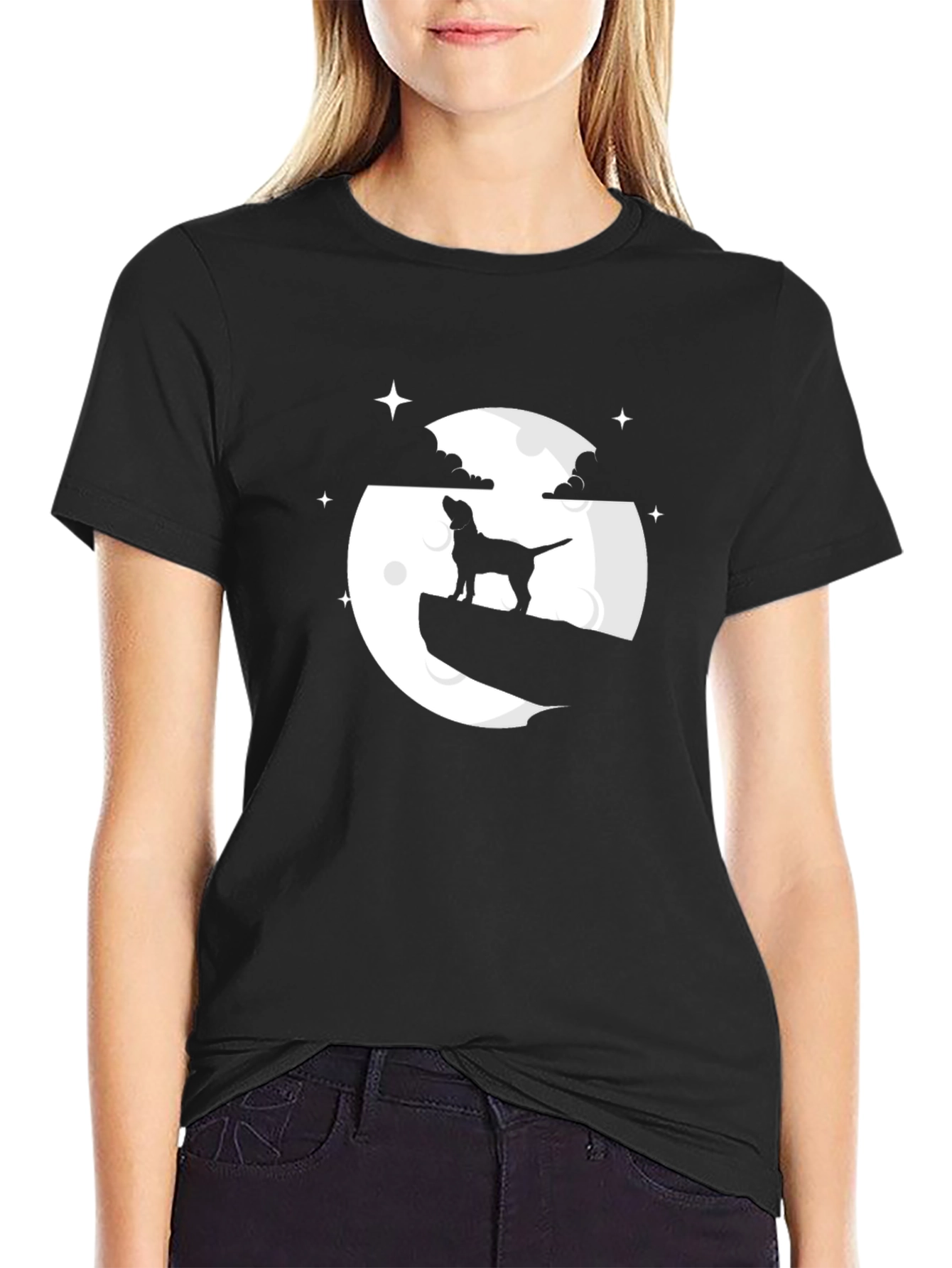 Dog on Moon Graphic Tee - Black Cotton Blend
