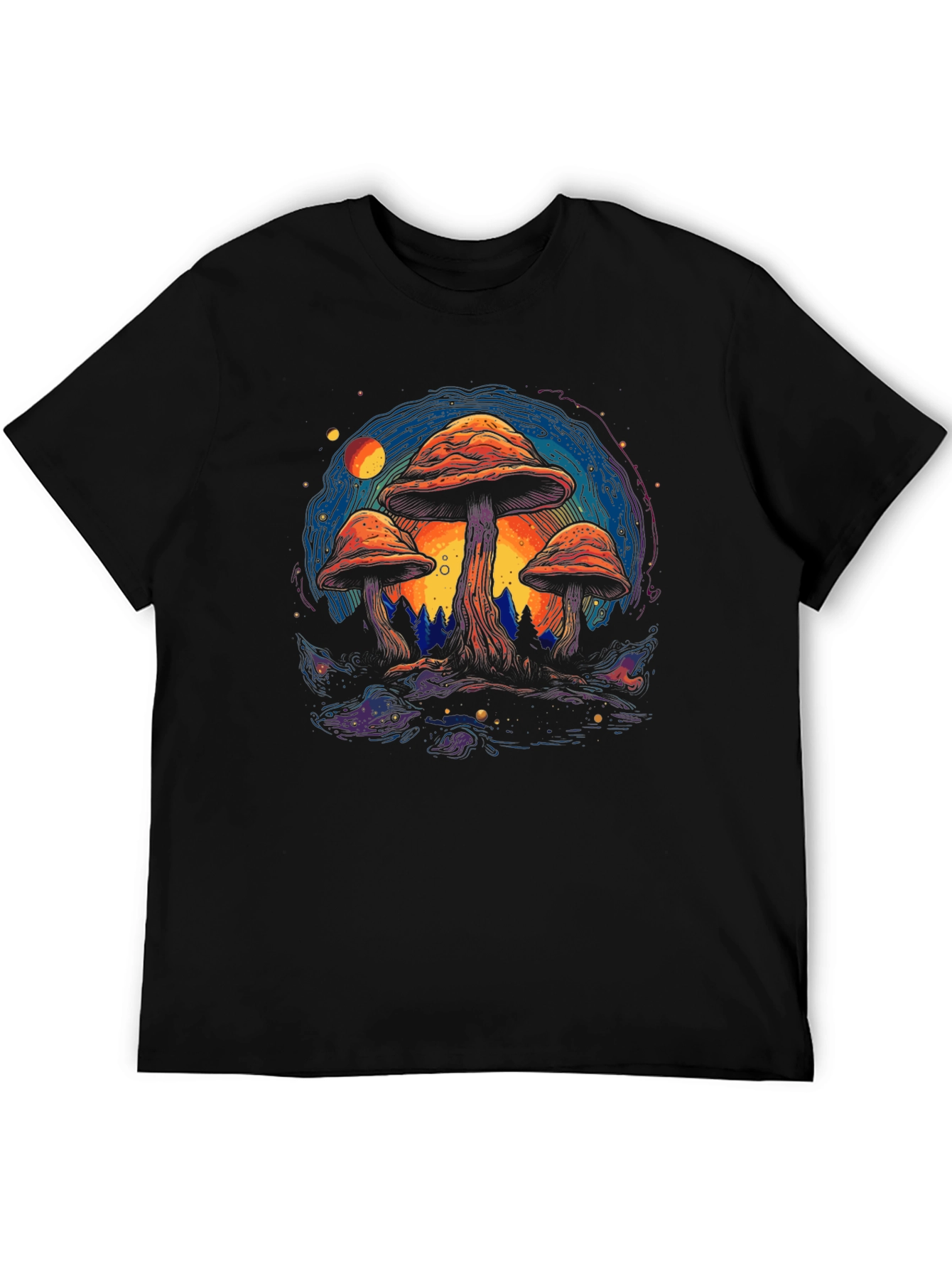 Psychedelic Mushroom Graphic Tee - Black Cotton T-Shirt