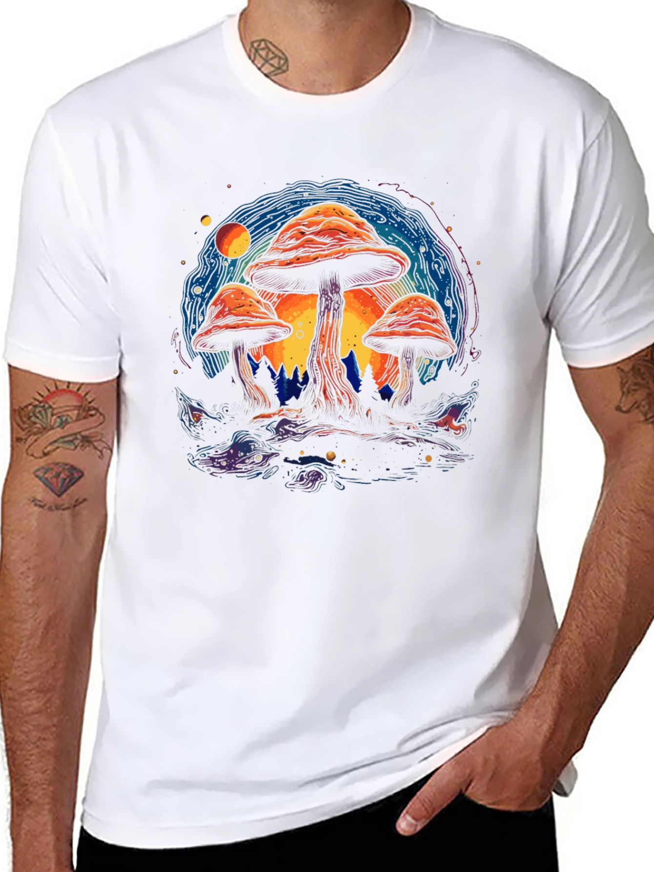 Psychedelic Mushroom Graphic Tee - Black Cotton T-Shirt