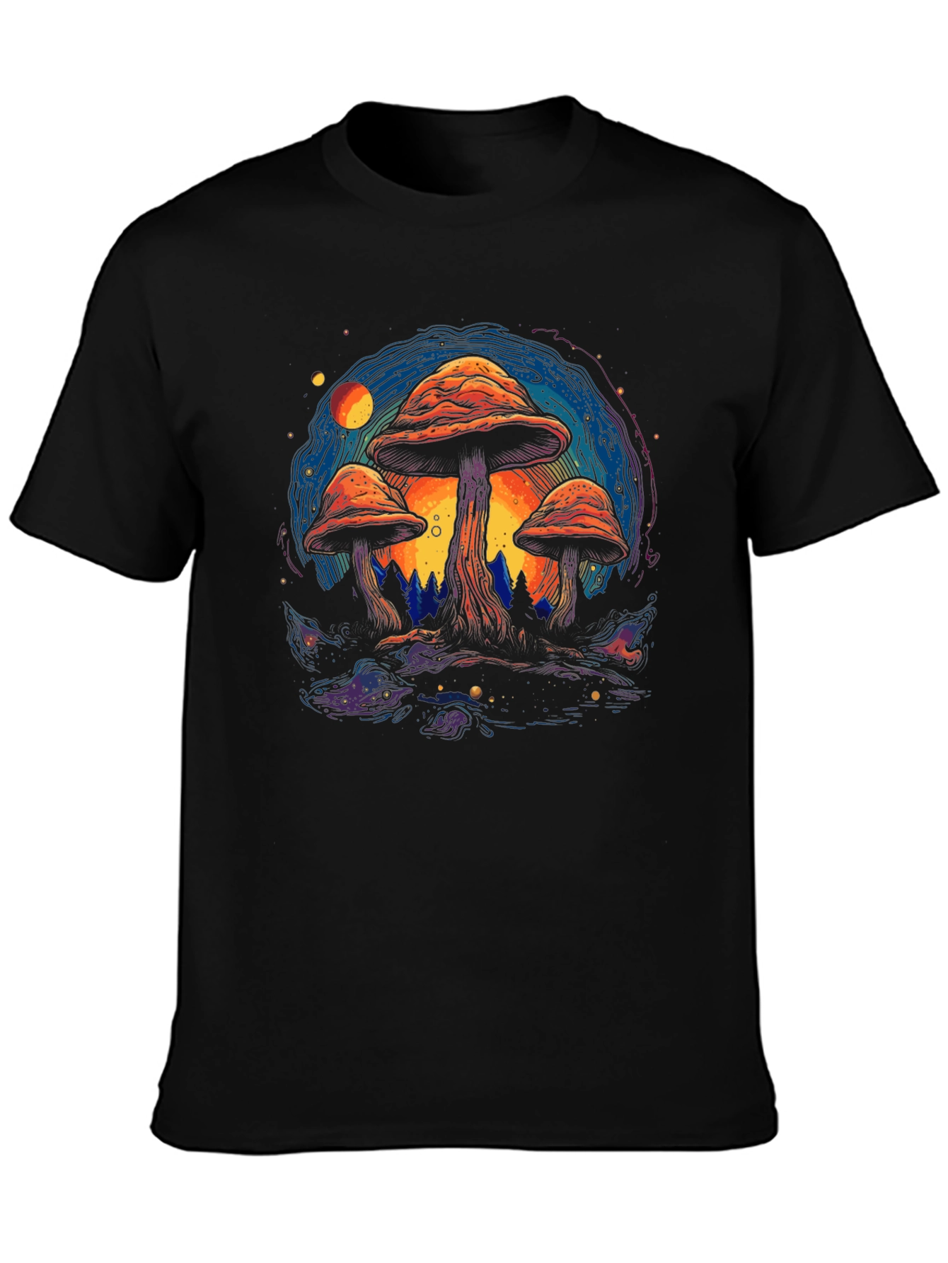 Psychedelic Mushroom Graphic Tee - Black Cotton T-Shirt