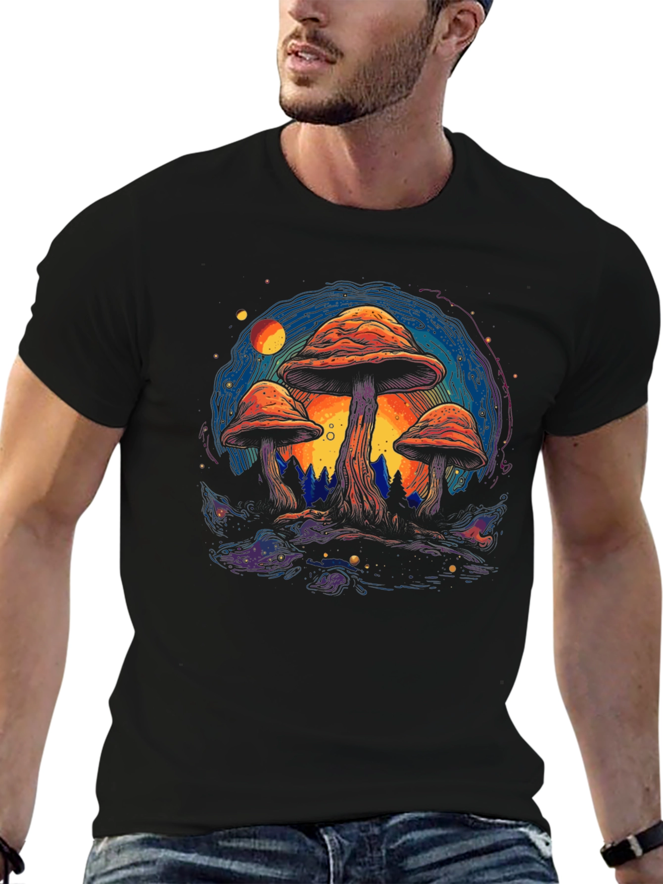 Psychedelic Mushroom Graphic Tee - Black Cotton T-Shirt