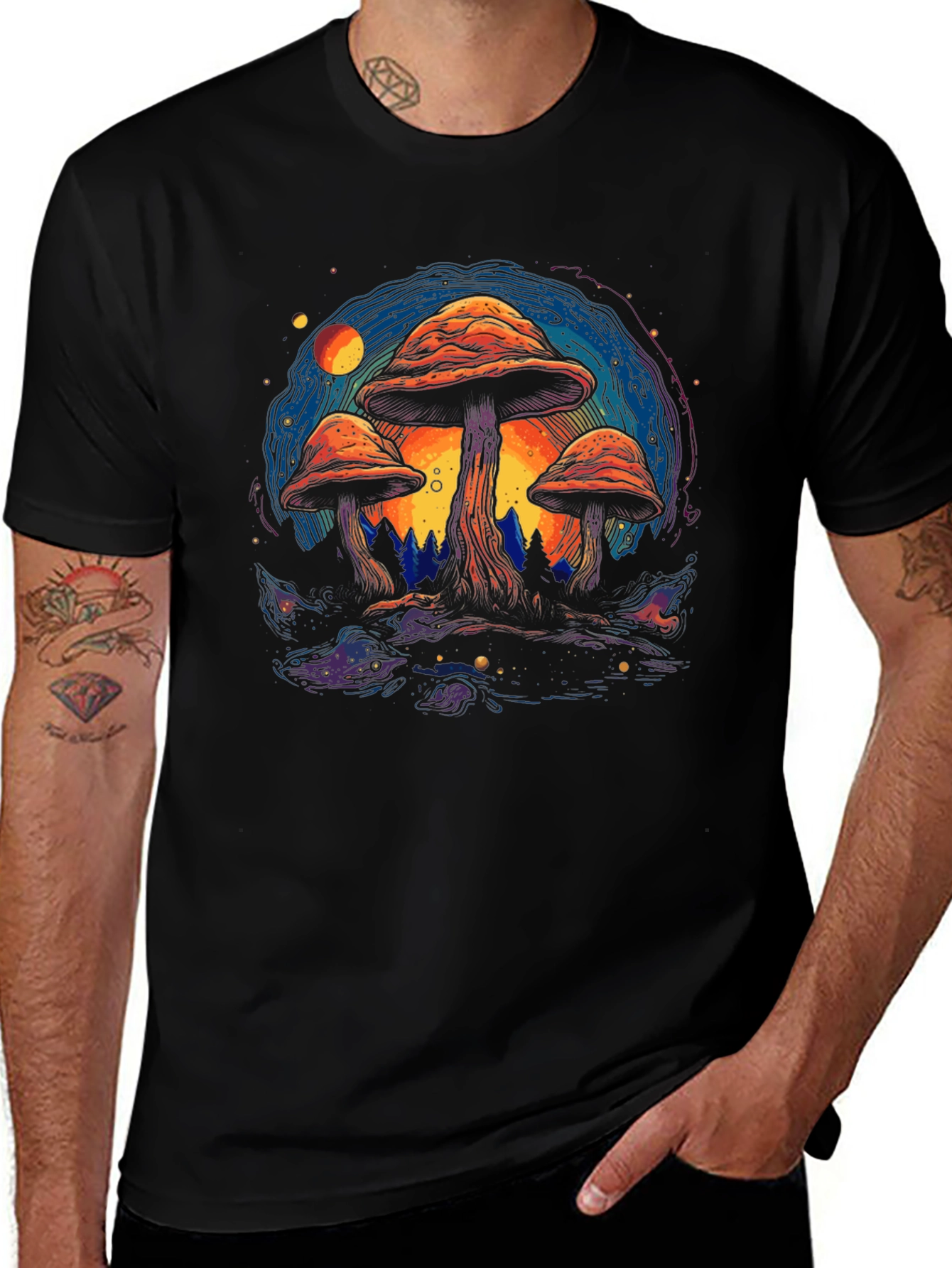 Psychedelic Mushroom Graphic Tee - Black Cotton T-Shirt