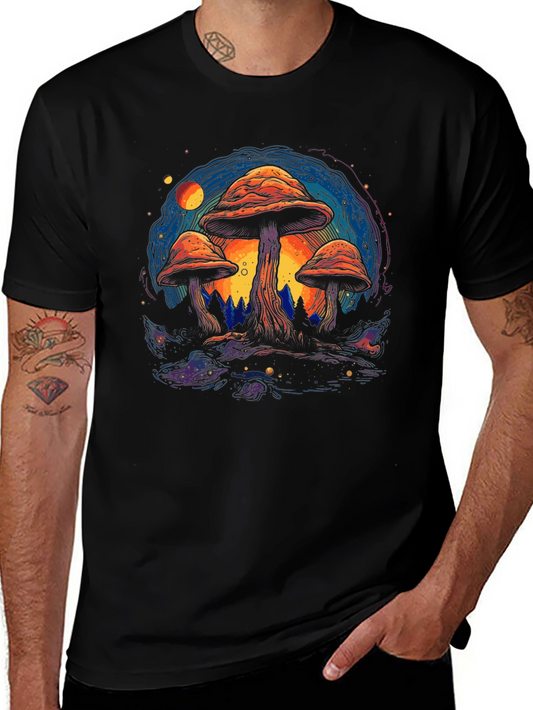 Psychedelic Mushroom Graphic Tee - Black Cotton T-Shirt