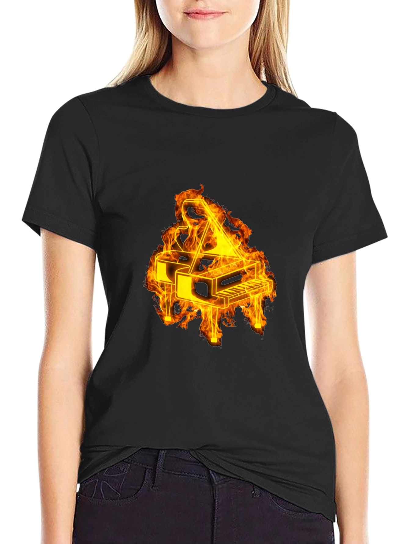 Flaming Piano Graphic Tee - Black Cotton Blend