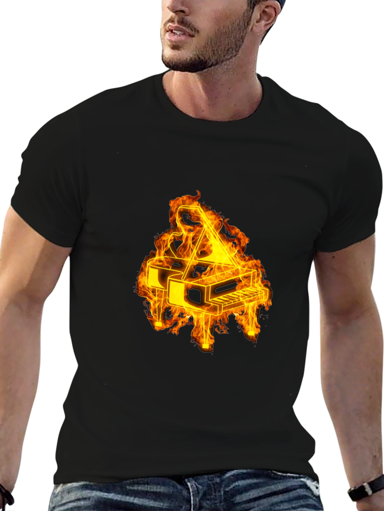 Flaming Piano Graphic Tee - Black Cotton Blend