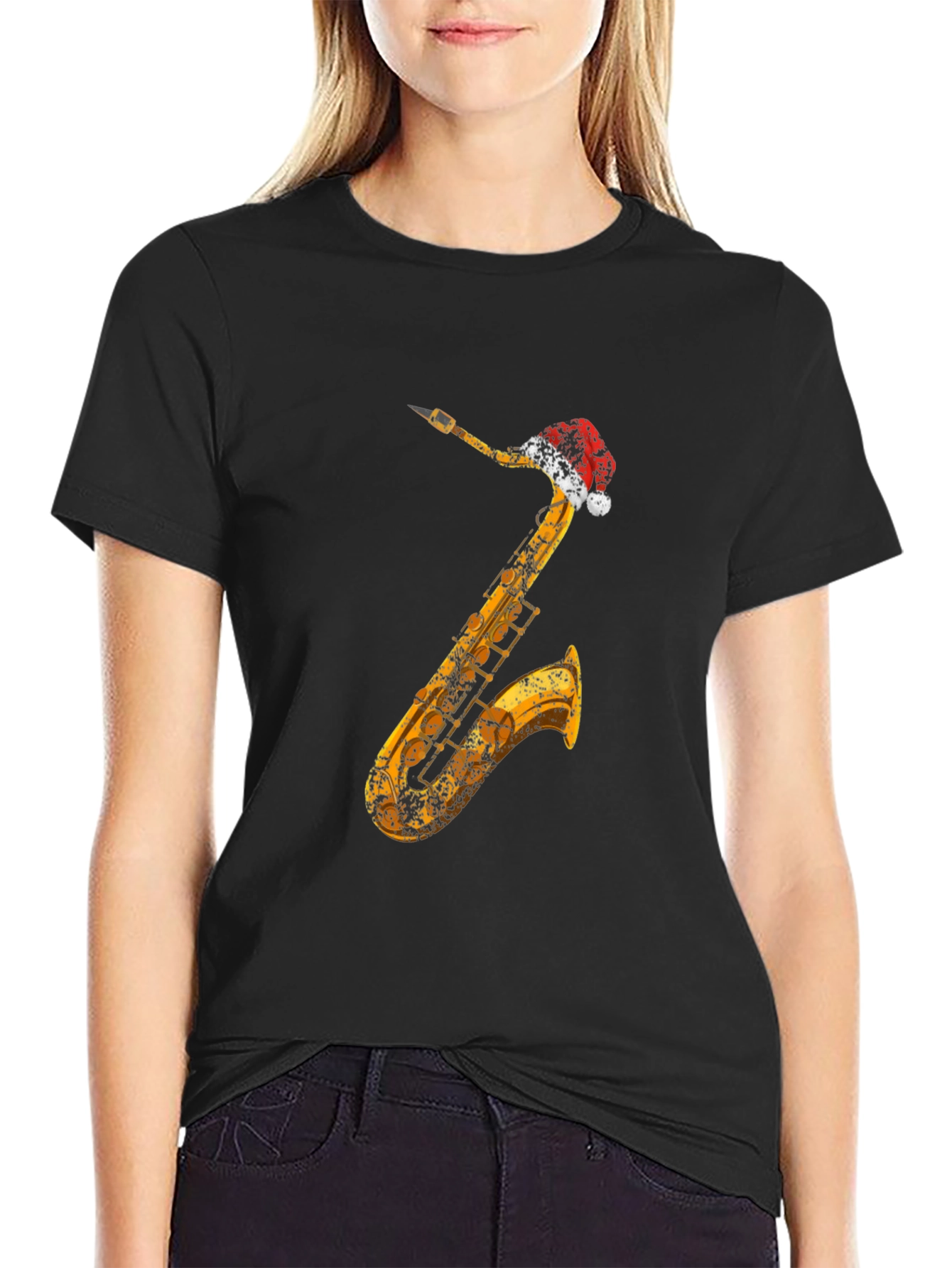 Saxophone Santa Hat Black T-Shirt