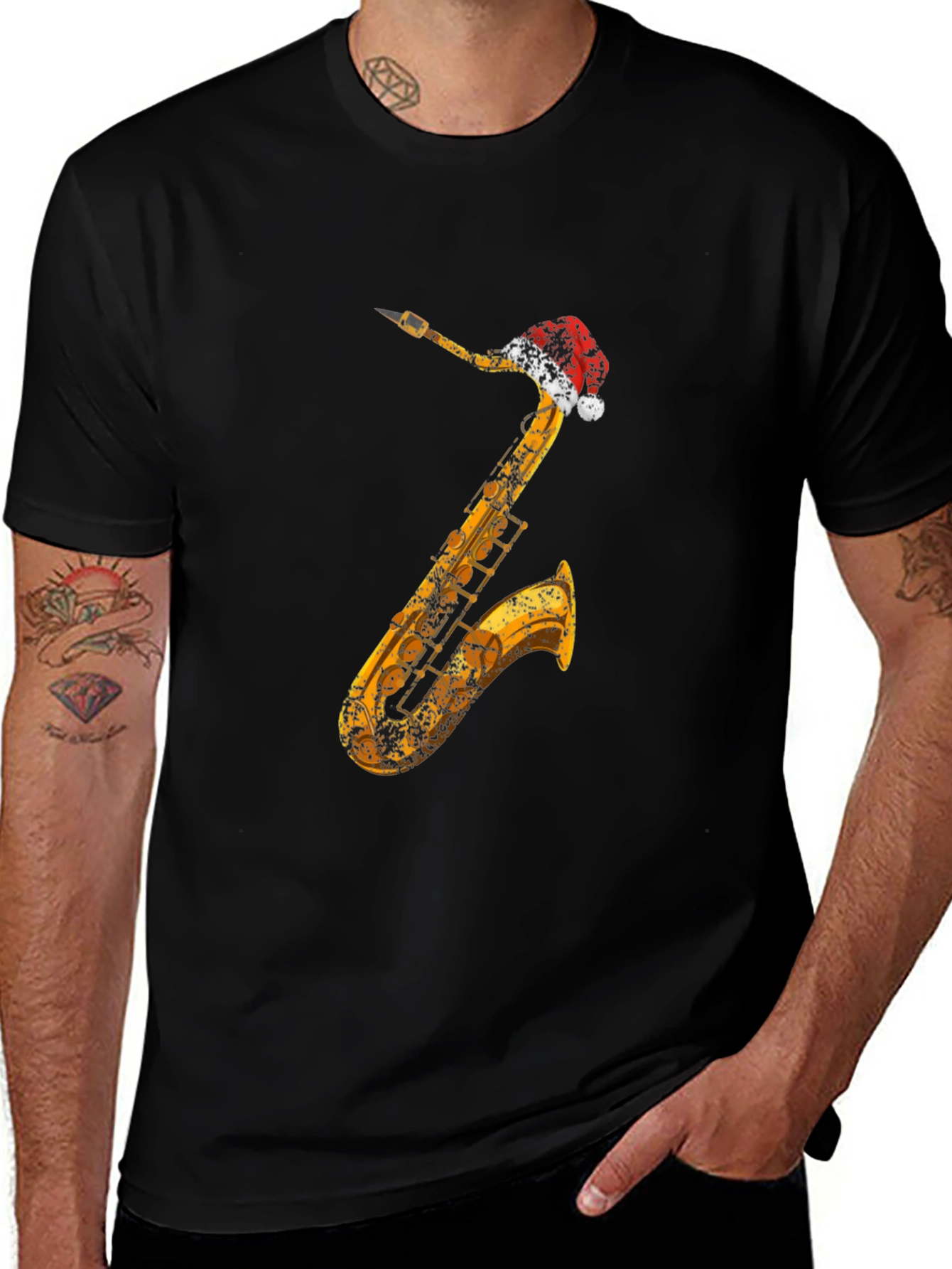 Saxophone Santa Hat Black T-Shirt
