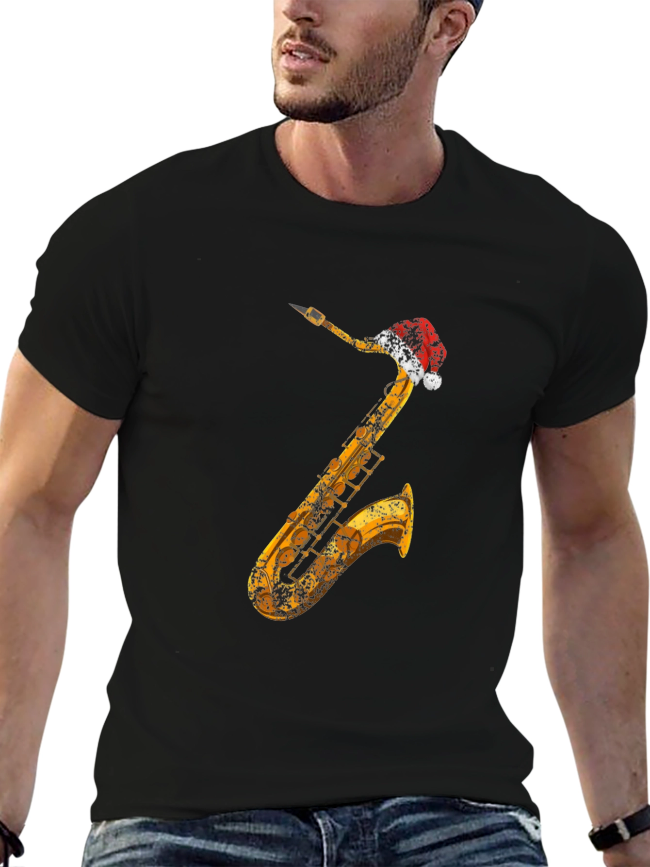 Saxophone Santa Hat Black T-Shirt