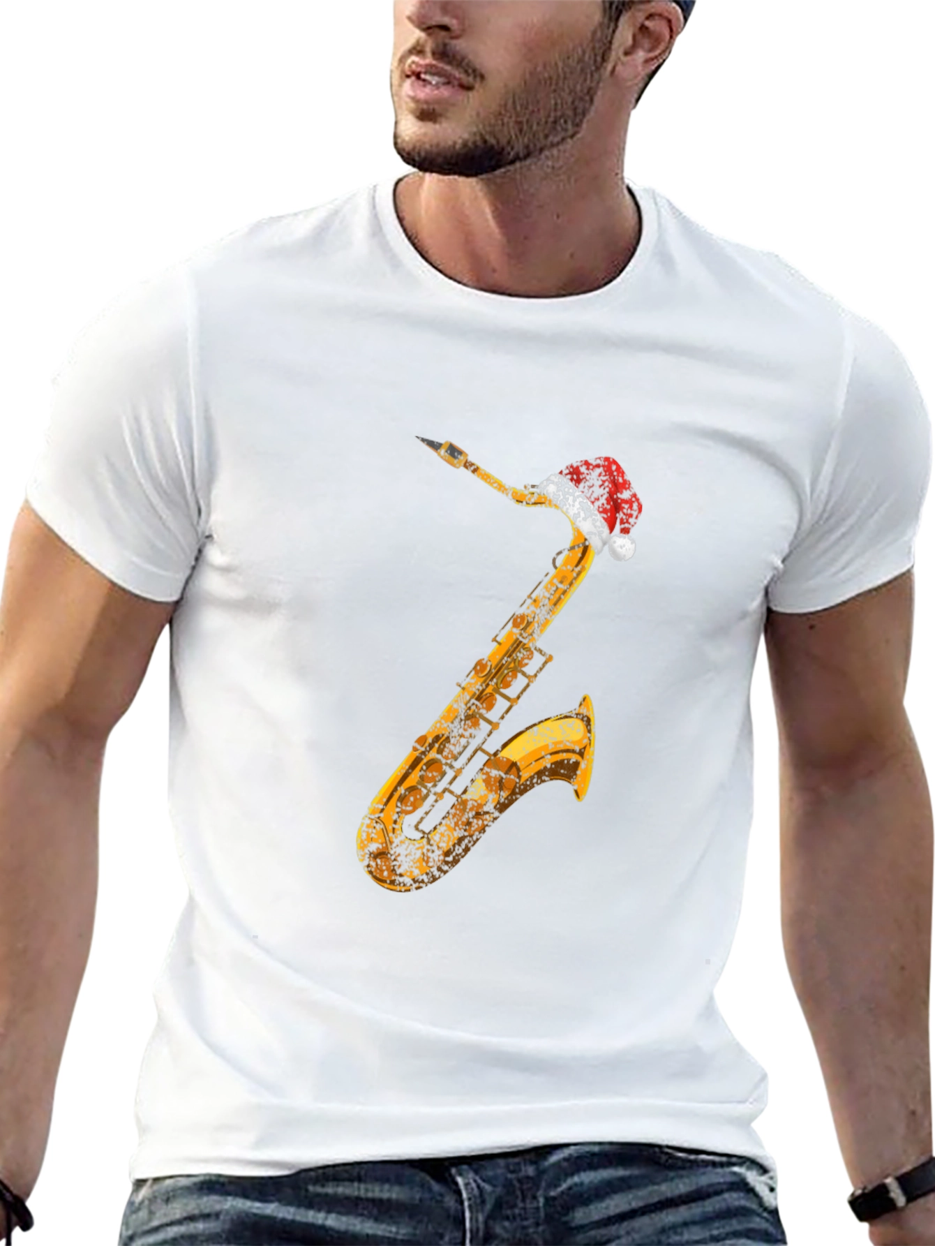 Saxophone Santa Hat Black T-Shirt