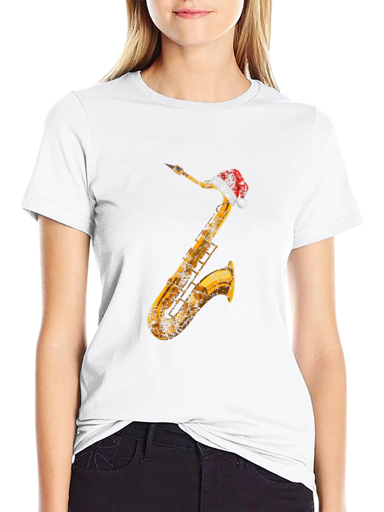 Saxophone Santa Hat Black T-Shirt