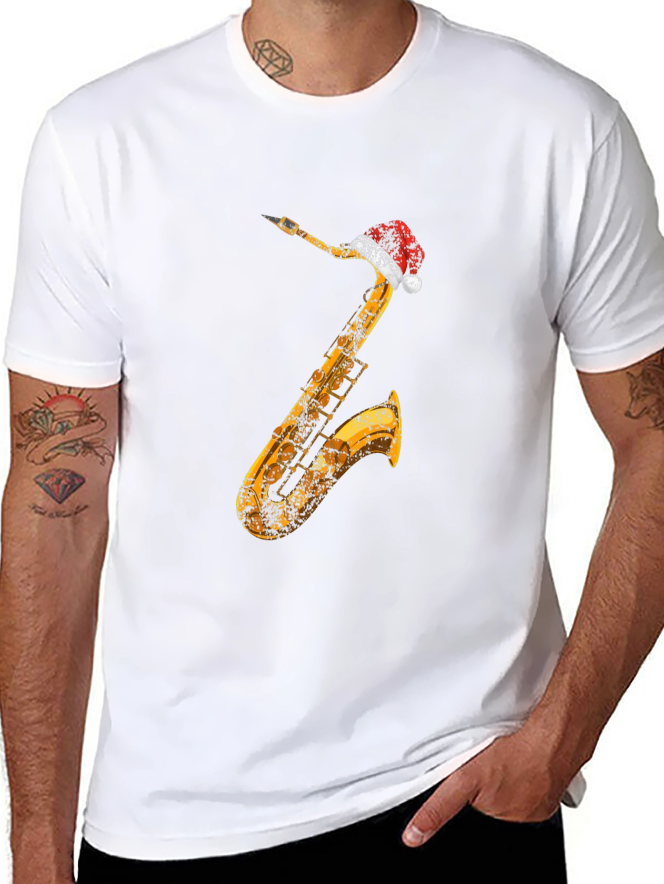 Saxophone Santa Hat Black T-Shirt